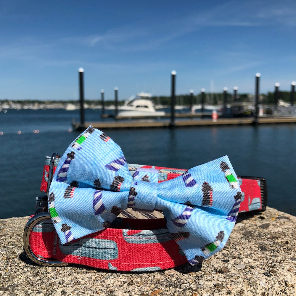 Our Good Dog Spot Red Nantucket Whale 23 Dog Collar and New England Lighthouse Bow Tie Buzzards Bay Blue