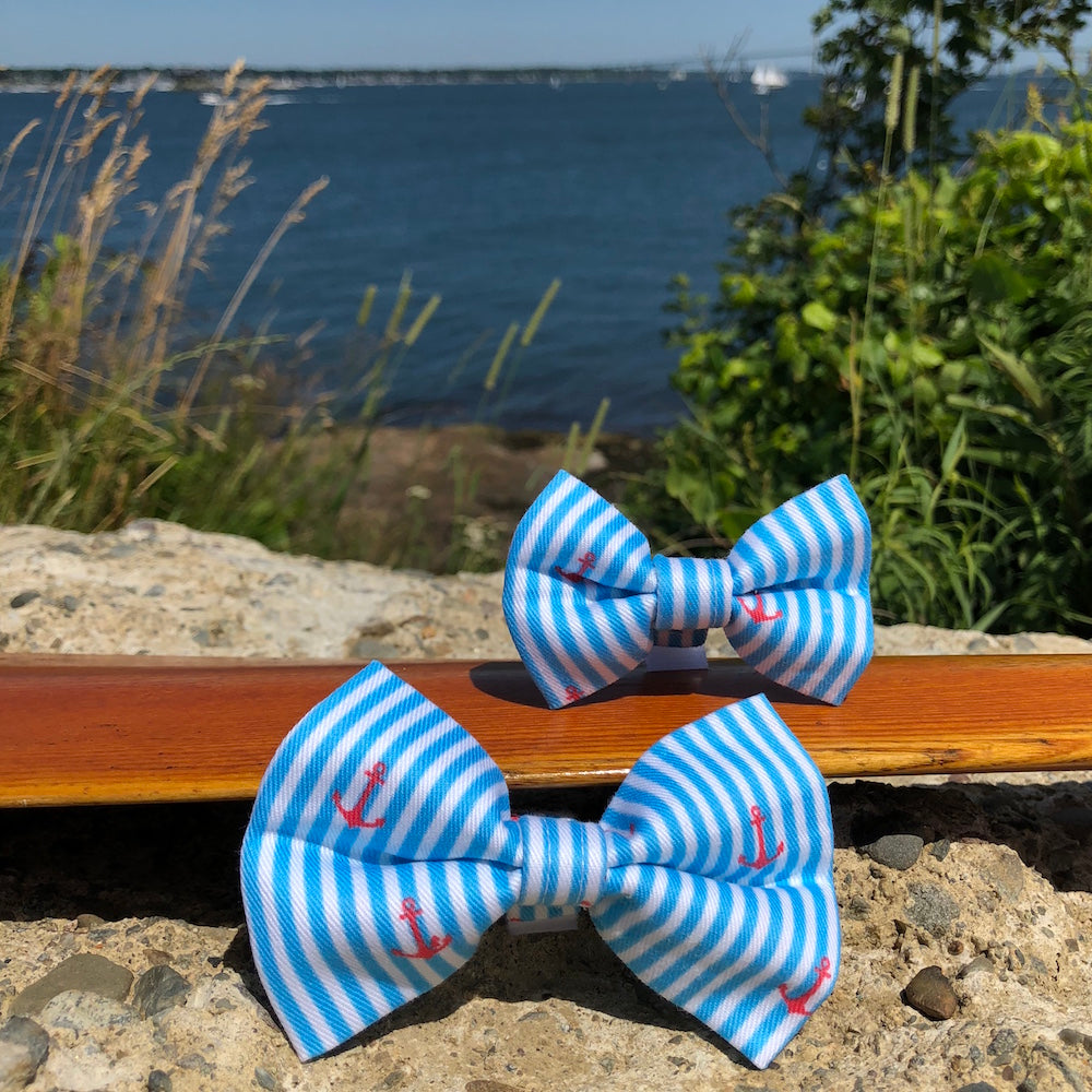 Our Good Dog Spot Caribbean Blue Oxford Stripe Anchor Bowtie