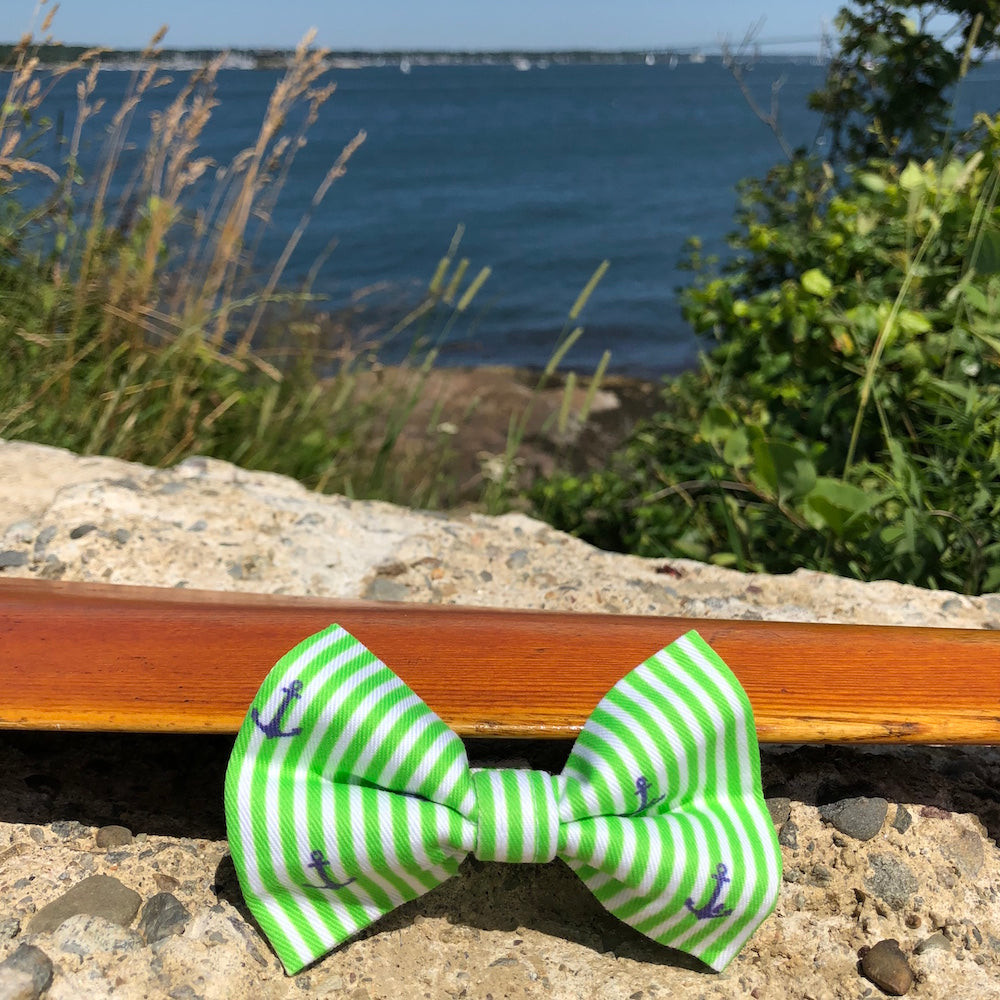 Our Good Dog Spot Preppy Green Oxford Stripe Anchor Bow Tie
