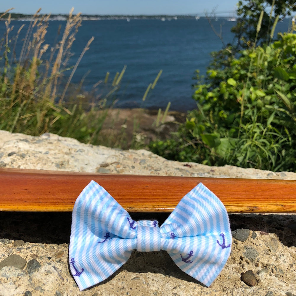 Our Good Dog Spot Crystal Blue Oxford Stripe Anchor Bowtie