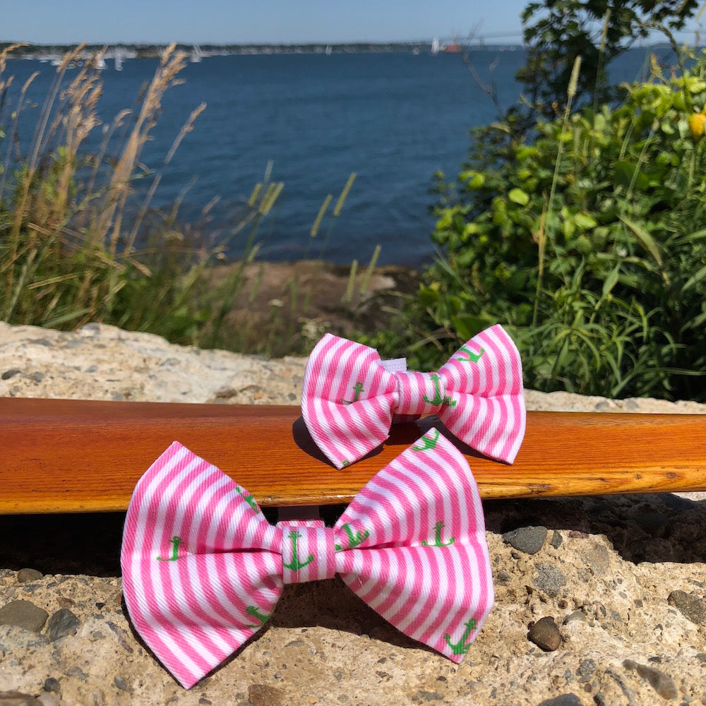 Our Good Dog Spot Preppy Pink Oxford Stripe Anchor Bowtie