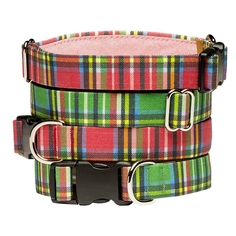 Our Good Dog Spot Landsdowne Tartan Dog Collar Stack of Red and Green