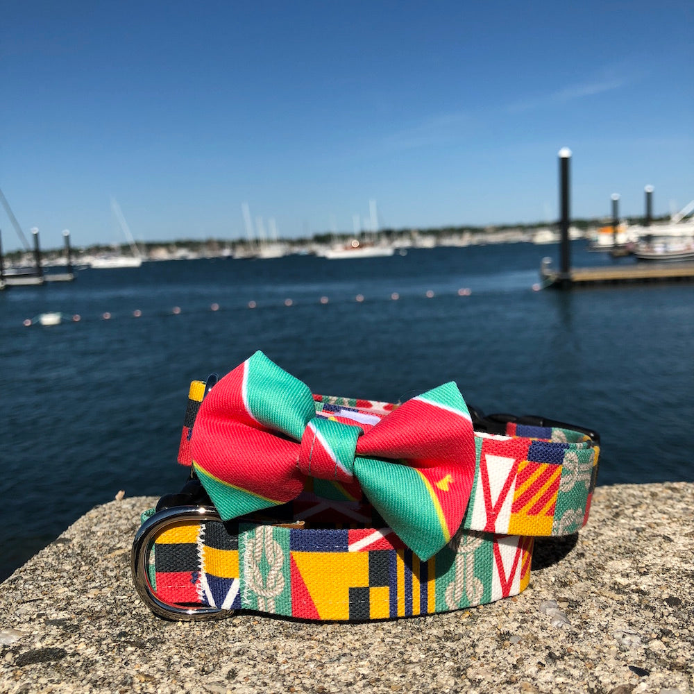 Our Good Dog Spot Red and Green Ivy League Repp Stripe Bowtie and Green Corinthian dog collar