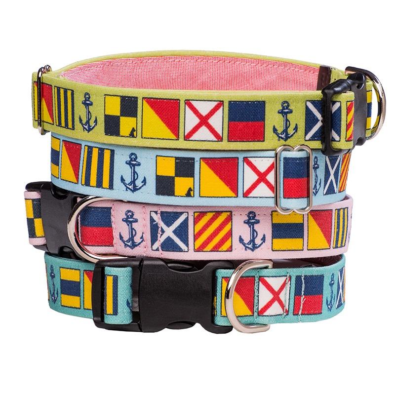 Our Good Dog Spot Love My Dog Nautical Signal Flag Dog Collar stack of pistachio blue pink and sea foam
