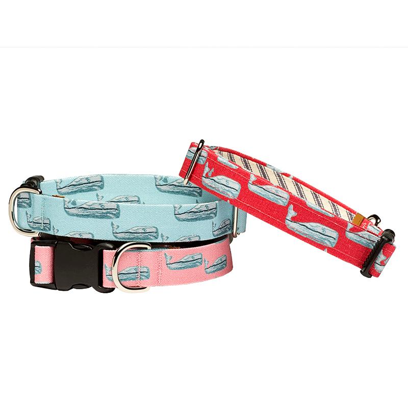 Our Good Dog Spot Nantucket Whale Dog Collar stack of red teal and pink