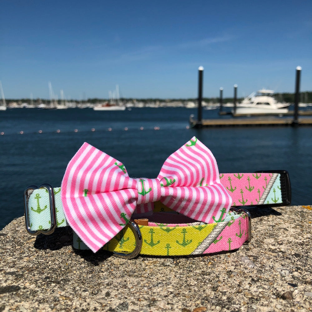 Our Good Dog Spot Preppy Pink Oxford Stripe Anchor Bowtie and Palm Beach Anchor Patchwork dog collar