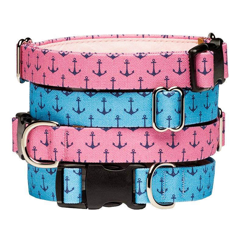 Our Good Dog Spot Anchors Aweigh Preppy Dog Collar stack of blue and pink