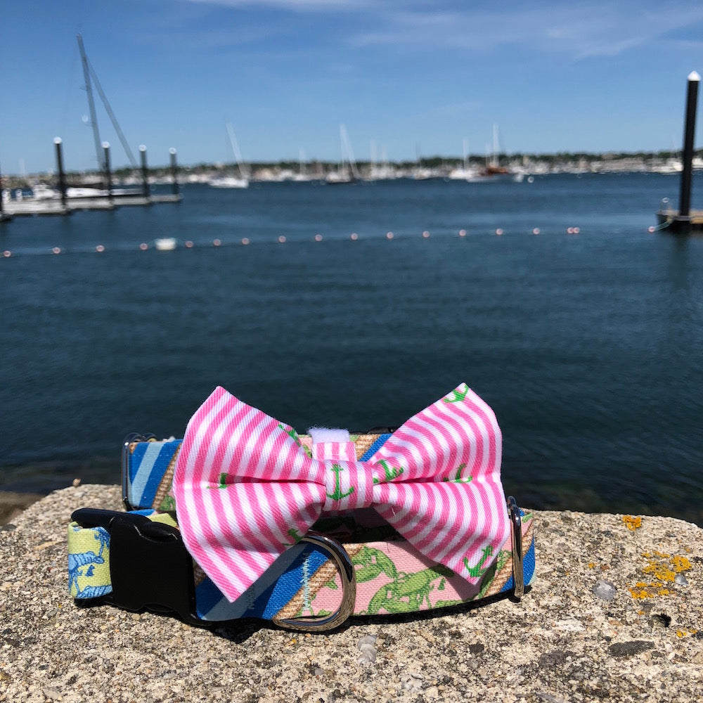 Our Good Dog Spot Preppy Pink Oxford Stripe Anchor Bowtie and Pink Blue and Green Uptown Lobster dog collar