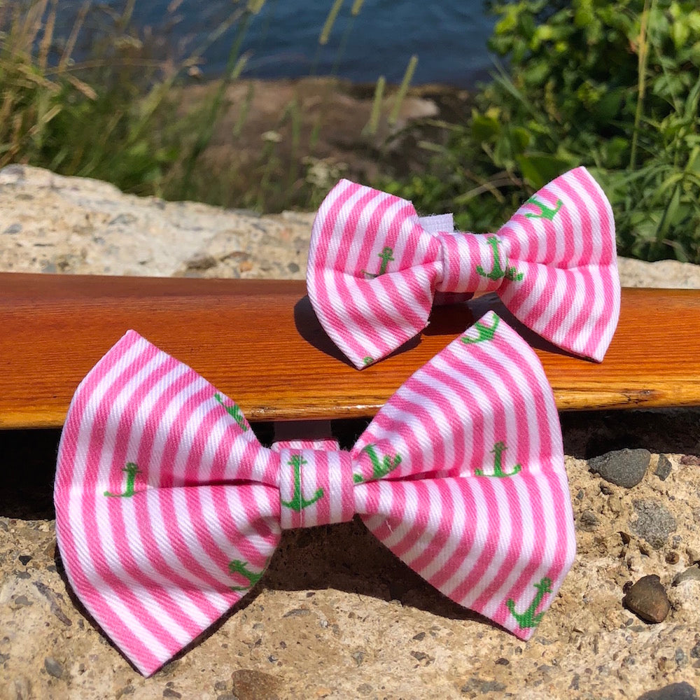 Our Good Dog Spot Preppy Pink Oxford Stripe Anchor Bowtie 